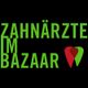 "Text 'Zahnärzte im Bazaar' in Grün auf Schwarz mit Zahn-Logo in Rot und Grün."