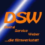 Logo "DSW": Digital Service Weber, blau und orange, mit dem Schriftzug "...die filmwerkstatt".