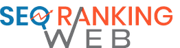Logotipo de "SEO Ranking Web" con letras en azul, rojo y gris, y lupa incorporada.
