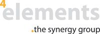 Logo mit Text: "4 elements .the synergy group" in Grautönen.