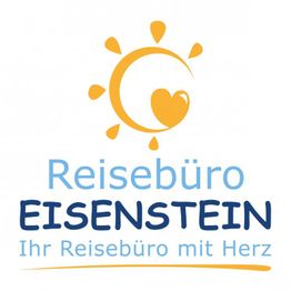 Logo von Reisebüro Eisenstein: Gelbe Sonne mit Herz. Text: "Ihr Reisebüro mit Herz".