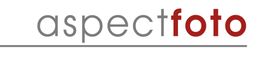 Logo mit Schriftzug "aspectfoto" in Grau und Rot auf weißem Hintergrund. Graue Linie darunter.