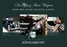 Werbung für Autopflege mit poliertem Wagen. Text: "Der Glanz Ihres Wagens..."