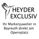 Logo von Heyder Exclusiv, einem Juwelier in Bayreuth, mit stilisiertem Kolibri daneben.