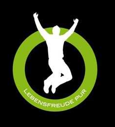 Silhouette eines springenden Menschen in einem grünen Kreis, Schriftzug: "Lebensfreude Pur".