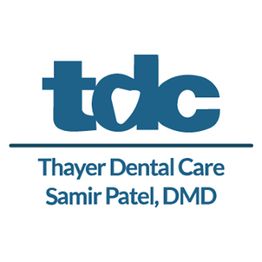 Logo with "tdc" and tooth, text reads: "Thayer Dental Care, Samir Patel, DMD."