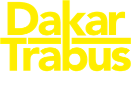 Texto amarillo: "Dakar Trabus". Fondo blanco, tipografía gruesa y moderna.
