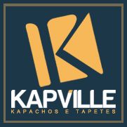 Logo da Kapville, empresa de kapachos e tapetes, com fundo azul e detalhes em amarelo.
