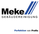 Logo von "Meke Gebäudereinigung" mit Slogan "Perfektion von Profis" in Blau und Schwarz.