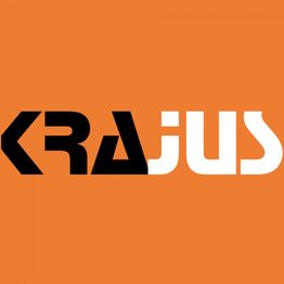 Text "KRAJUS" in Schwarz-Weiß auf orangefarbenem Hintergrund.