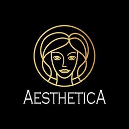 Golden female face line art with "AESTHETICA" text below on a black background.