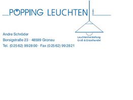 Weiße Visitenkarte von Popping Leuchten mit Adresse und Kontaktinformationen in Blau.