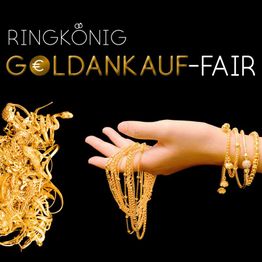 Hand hält Goldschmuck, Text: "Ringkönig Goldankauf-Fair" vor schwarzem Hintergrund.