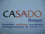 Logo von "CASADO Reisen" mit Website und Kontaktinformationen für Kreuzfahrten und Pauschalreisen.