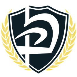 A dark shield with a stylized letter "P," framed by golden laurel branches.