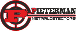 Logo met tekst: "Pieterman Metaaldetectors" in zwart en rood met een gestileerde letter P.