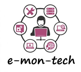 Eine Grafik mit einem Callcenter-Agenten, Computern und Technik-Icons, darunter "e-mon-tech".