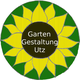 Gelbes Sonnenblumenmuster mit dem Text "Garten Gestaltung Utz" im Zentrum auf dunklem Kreis.