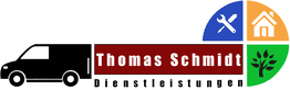 Ein Logo mit Text: "Thomas Schmidt Dienstleistungen" und Symbolen für Handwerk, Haus, Natur.