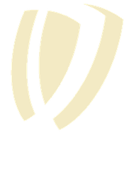 Beige gestileerd schildlogo tegen een zwarte achtergrond.