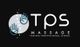 Logo with text "TPS Massage: Taming Professional Stress" featuring two blue hand icons.
