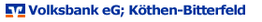 Logo der Volksbank eG Köthen-Bitterfeld mit blauem und orangefarbenem Symbol links vom Text.