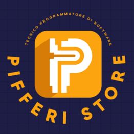 Logo con lettera "P" bianca su sfondo arancione, testo "PIFFERI STORE" in cerchio attorno.