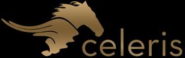 Gouden paardenhoofdlogo naast het woord "celeris" op een zwarte achtergrond.
