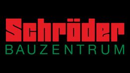 Schröder Bauzentrum-Logo, rote Schrift auf schwarzem Hintergrund mit grünem Text darunter.