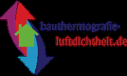 Pfeile und ein Haus-Icon mit Text: "bauthermografie-luftdichtigkeit.de".