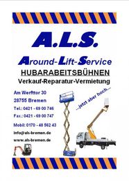Hubarbeitsbühnen-Werbung von A.L.S. mit Kontaktinformationen in Bremen und Bildern der Bühnen.