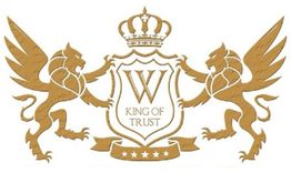 Wappen mit Krone, Greifen und der Aufschrift "W KING OF TRUST" in goldener Farbe.