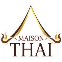 Logo con testo "Maison Thai" e decorazioni dorate che formano un tetto stilizzato.