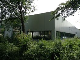 Industriegebäude hinter Bäumen und Sträuchern, Tageslicht erhellt die Szene.