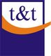 Logo mit blauer Schrift "t&t" und orangefarbenem Bogen auf weißem Hintergrund.
