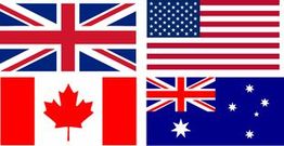 Quatro bandeiras: Reino Unido, EUA, Canadá e Austrália, dispostas em formato de grade.