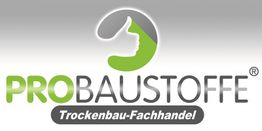 Logo von PROBAUSTOFFE, Trockenbau-Fachhandel, mit grünem Daumen nach oben und grauem Hintergrund.