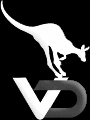 Logo mit weißem Känguru, das über die Buchstaben "VD" springt, auf schwarzem Hintergrund.