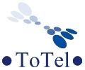 Logo mit blauen und grauen Ovalen über dem Text "ToTel" auf weißem Hintergrund.