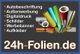 Bunte Folienrollen und Text: Autodruck, Außenwerbung, Digitaldruck. Webseite: 24h-Folien.de.