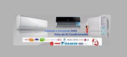 Banner de serviços de instalação e manutenção de ar-condicionados; várias marcas listadas.