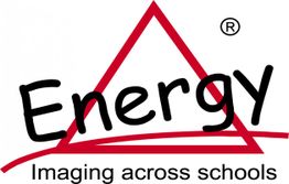 Das Bild zeigt das Wort "Energy" vor einem rot umrandeten Dreieck und den Text "Imaging across schools".