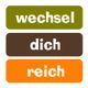 Drei farbige Balken: oberer grün "wechsel", mittlerer braun "dich", unterer orange "reich".