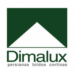 Logotipo verde de Dimalux con un triángulo blanco. Texto: persianas, toldos, cortinas.
