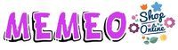 Logo di un negozio online con la scritta "MEMEO" in viola, fiori e la dicitura "Shop Online".