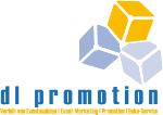 Logo mit drei Würfeln und Text "dl promotion" in Blau, mit weiteren gelben Details darunter.
