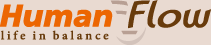 Logo mit Text "Human Flow" in Orange und Braun, darunter "life in balance" in Kleinbuchstaben.