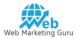 Blue web logo with a globe and upward arrow, text: "Web Marketing Guru."