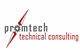 Logo mit Zahnrad und Schriftzug: "promtech technical consulting" in Grau und Rot.