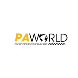 Logo von PAWORLD mit Globus als "O", gelben und schwarzen Buchstaben, Text: Pro Sound & Lighting.